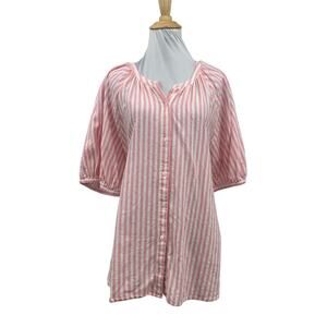 Caslon Top Womens 1X Plus Pink White Puff Sleeves Striped Linen Blend Blouse